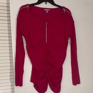 Chic Zippered Hot Pink‎ Blouse with Zipper Shoulders & Front Gathered Middle L